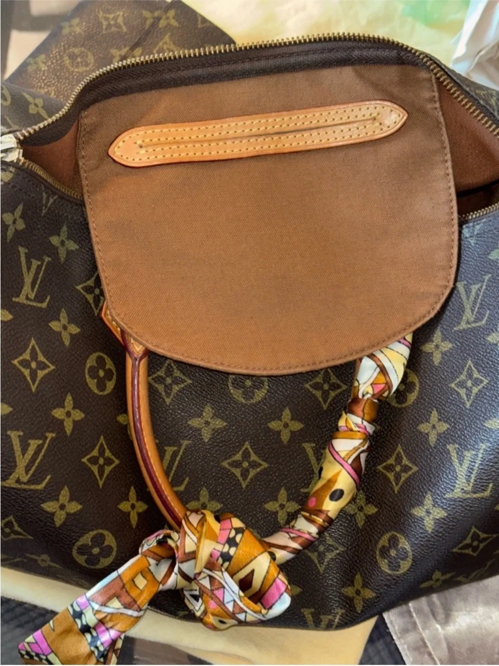 Louis Vuitton Monogram Canvas Satchel with Pink-Accented Handle Scarf